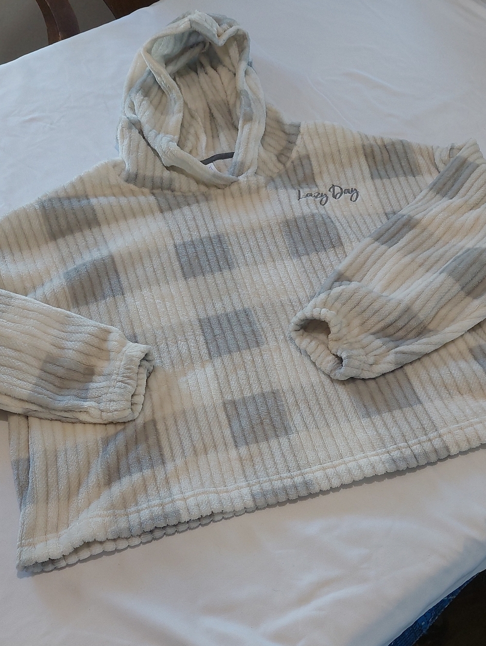 Joy Spun Hooded Fleece Sweater in Light Gray and Cream.L. Cropped.
